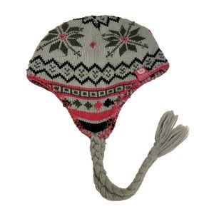 Burton Women's Ski Snowboard Knit Winter Hat Cap Ear Flaps Tassels Pink Gray